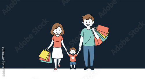 Happy family consisting of a father, mother, and young child walking together while carrying multiple colorful shopping bags.