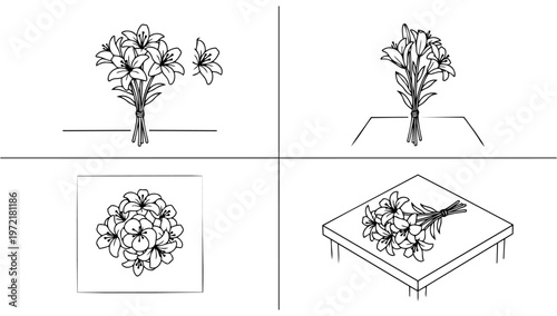 Doodle line art drawings of flower bouquets, perfect for relaxation, creativity, and floral design inspiration in a minimalist style.
