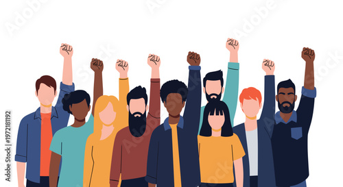 Diverse group of men and women of different ethnicities standing together with their fists raised in a sign of protest.