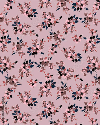 abstract solid modern textile vector design, arrangement with small frangipani flower, all-over seamless  pattern with dark orange and pink tone color illustration, digital image printing factory