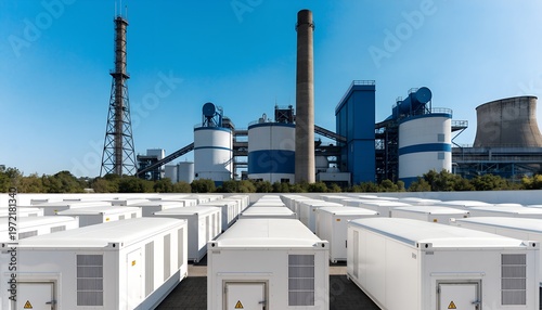Aerial view of white BESS battery containers in organized rows, rural landscape, green fence, transformers, dramatic cloudy sky. Grid-scale energy storage infrastructure.