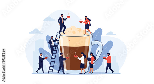 Creative conceptual illustration featuring miniature business people working and taking a break around a giant cup of coffee.