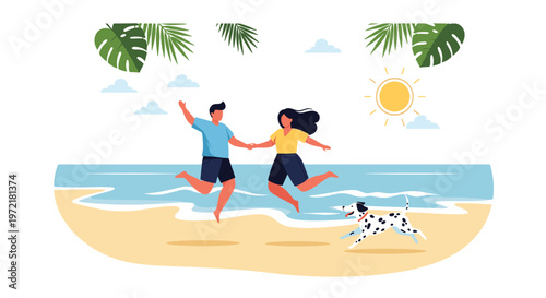 Joyful young couple jumping in the air on a sunny tropical beach while a dalmatian dog runs happily beside them in the sand.
