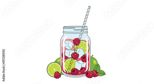 Refreshing raspberry and lime detox water served in a glass mason jar with ice cubes and a striped straw on an isolated white background.
