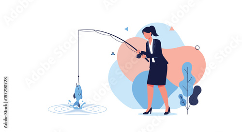 Successful businesswoman in a professional suit catches a fish with a rod representing achievement and skill in a corporate environment.