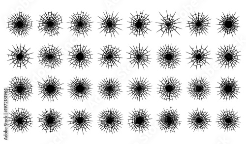 Shattered glass crack vector set with radial fracture patterns damage effect isolated on white background