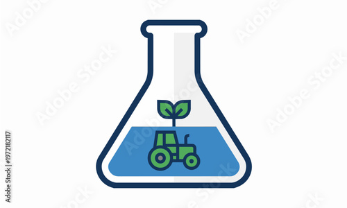 Flat Vector Illustration of an Erlenmeyer Flask containing a Green Tractor and Sprout Symbolizing Agricultural Science and Agri-Tech Innovation