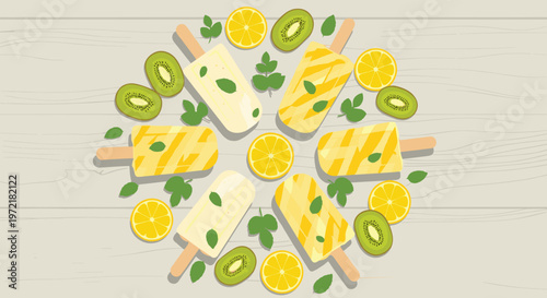 Top down view of yellow fruit popsicles arranged in a circle with fresh kiwi slices and mint leaves on a light grey wooden background.