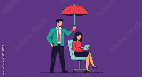 Supportive businessman holds a red umbrella over a female colleague working on a tablet while sitting in her office chair at the desk.