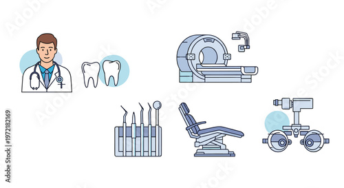 Set of medical and dental icons featuring a doctor, MRI machine, eye exam equipment, dental chair, and professional instruments for care.