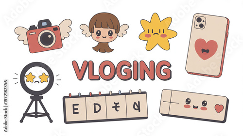 Cute vlogging icons and elements featuring a camera ring light and smartphone perfect for social media and content creation