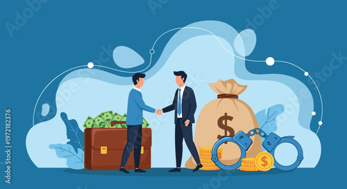 Two businessmen shake hands near a suitcase of money and a large bag of cash symbolizing corruption, bribery, or illegal financial deals.