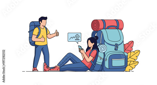 Two young hikers with heavy backpacks take a break on the trail with the woman checking her phone while the man gives a double thumbs up.