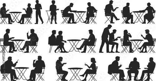 Collage of black silhouettes of people sitting at small round tables in a cafe or outdoor seating area engaged in conversation and activities