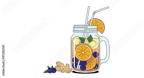 Healthy detox water in a glass jar filled with fresh orange slices, blueberries, and mint leaves with ginger roots on a white background.