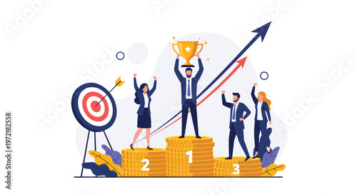 Successful business team stands on a coin podium with a gold trophy and a target arrow representing victory and financial goal success.