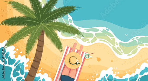 Top view of a person relaxing on a striped towel under a green palm tree on a sandy beach with white waves crashing on the tropical shore.