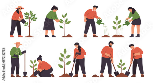 Illustration set of diverse people gardening, planting young trees, watering saplings, and working together to improve the environment.