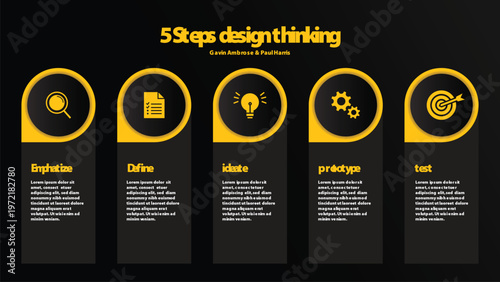 Modern black and yellow infographic template with circular icons and clean layout for business process