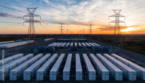 Aerial view of white BESS battery containers in organized rows, rural landscape, green fence, transformers, dramatic cloudy sky. Grid-scale energy storage infrastructure.