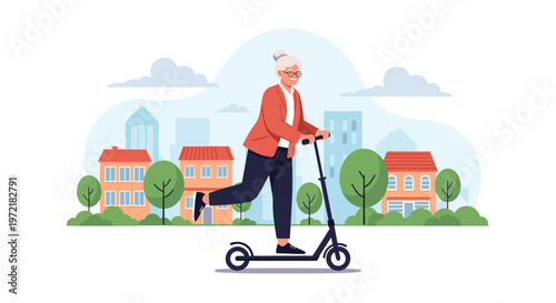 Active senior woman wearing a red jacket and glasses rides a black kick scooter through a sunny neighborhood with colorful houses and trees.