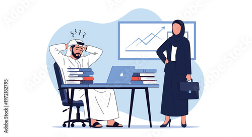 Stressed Middle Eastern businessman at his desk with piles of books and a laptop while a professional female colleague stands nearby him.