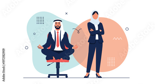 Modern Arab businessman meditates in his office chair next to a confident Arab businesswoman in a suit for professional wellness.