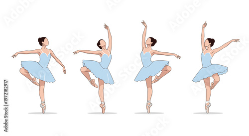 Group of four graceful ballet dancers in matching light blue tutus perform elegant dance poses during a stage performance.
