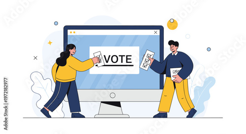 Man and woman participate in a digital election by placing paper ballots into a large computer screen with the word vote.