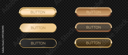 Gold button frame and glass 3d badge, Rectangular with rounded corners golden button icon on dark background, Premium signboard for web UI design.