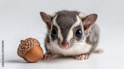 Incredibly tiny baby flying squirrel joey with acorn studio setting close-up adorable concept