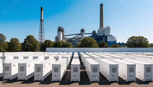 Aerial view of white BESS battery containers in organized rows, rural landscape, green fence, transformers, dramatic cloudy sky. Grid-scale energy storage infrastructure.
