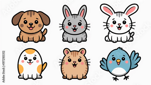 Cute cartoon animal characters a collection of adorable pets and birds in a simple flat vector style perfect for childrens illustrations and app icons