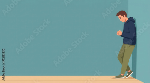 Upset man leaning against wall illustration showing lonely character in hoodie looking down in despair feeling sad within blue empty room representing mental health crisis with wide copy space.