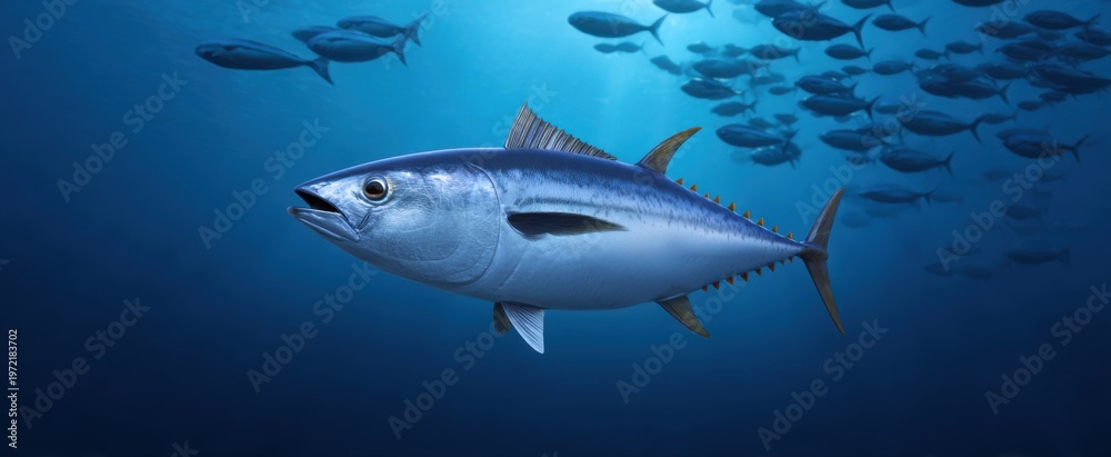 Fototapeta premium tuna gliding elegantly in pristine blue water with a vibrant school of fish nearby