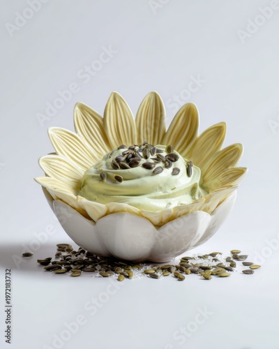 Artful porcelain sunflower dish overflowing with creamy delight modern kitchen still life