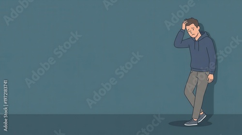 2D illustration of a sad man leaning against a wall in a corner, upset and looking down in despair. A lonely male character in a green hoodie feeling depressed, stressed, and discouraged against a gre