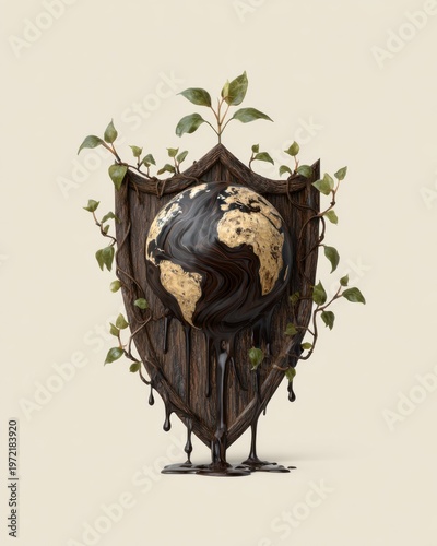 Wooden shield of oak and vines protecting the earth artistic illustration nature close-up