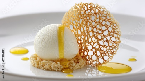 Creative close-up of elegant plated dessert gourmet food photography in bright light