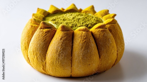 Sourdough bread bowl shaped like sunflower culinary art studio setting creative design