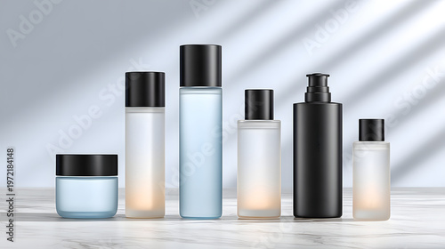 Minimalist cosmetic bottle frosted glass skincare product lotion container serum bottle beauty packaging pump bottle black cap blue liquid mockup design minimalist cosmetic bottle and frosted