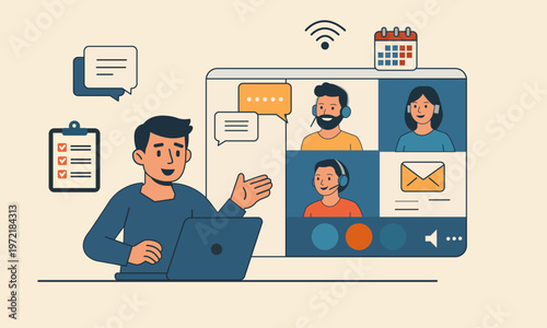 Flat vector illustration of a man working remotely on a laptop while participating in a video call with a virtual team, managing tasks and online communication in a modern digital workplace.