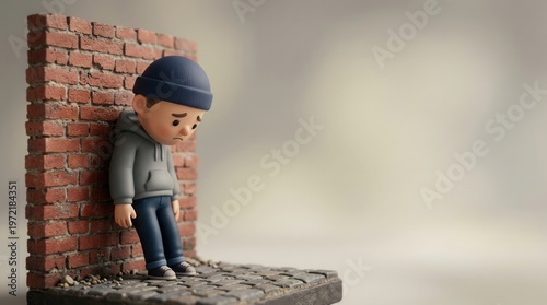 Upset man leaning against red brick wall 3D character illustration showing sad figure looking down in despair feeling lonely and depressed with copy space for mental health awareness.