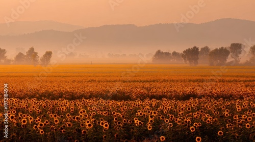 Vibrant sunflower valley at dawn stunning landscape photography tranquil nature scene