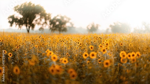Sunflower farm blooms in vast landscape golden hour photography rural setting wide view