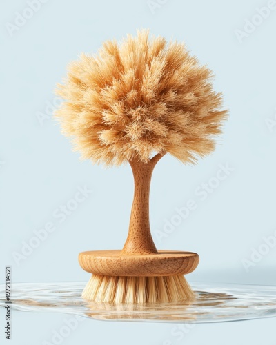 Eco-friendly wooden dish brush with natural fibers on light surface minimalist style