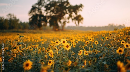 Golden sunflower farm landscape at sunset nature photography wide angle view