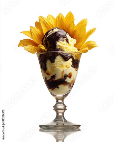 Artistic ice cream sundae with sunflower garnish studio food display minimalist style