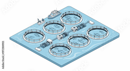 Isometric Fish Farm Illustration with Circular Aquaculture Net Cages and Industrial Infrastructure