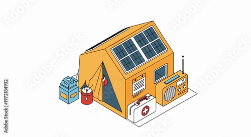 Isometric Illustration of Emergency Survival Kit with Solar Powered Shelter, First Aid, and Radio for Disaster Preparedness
